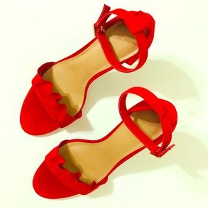 ✨ A•NEW•DAY Open Toe Red Suede High Heels Size 8 ✨